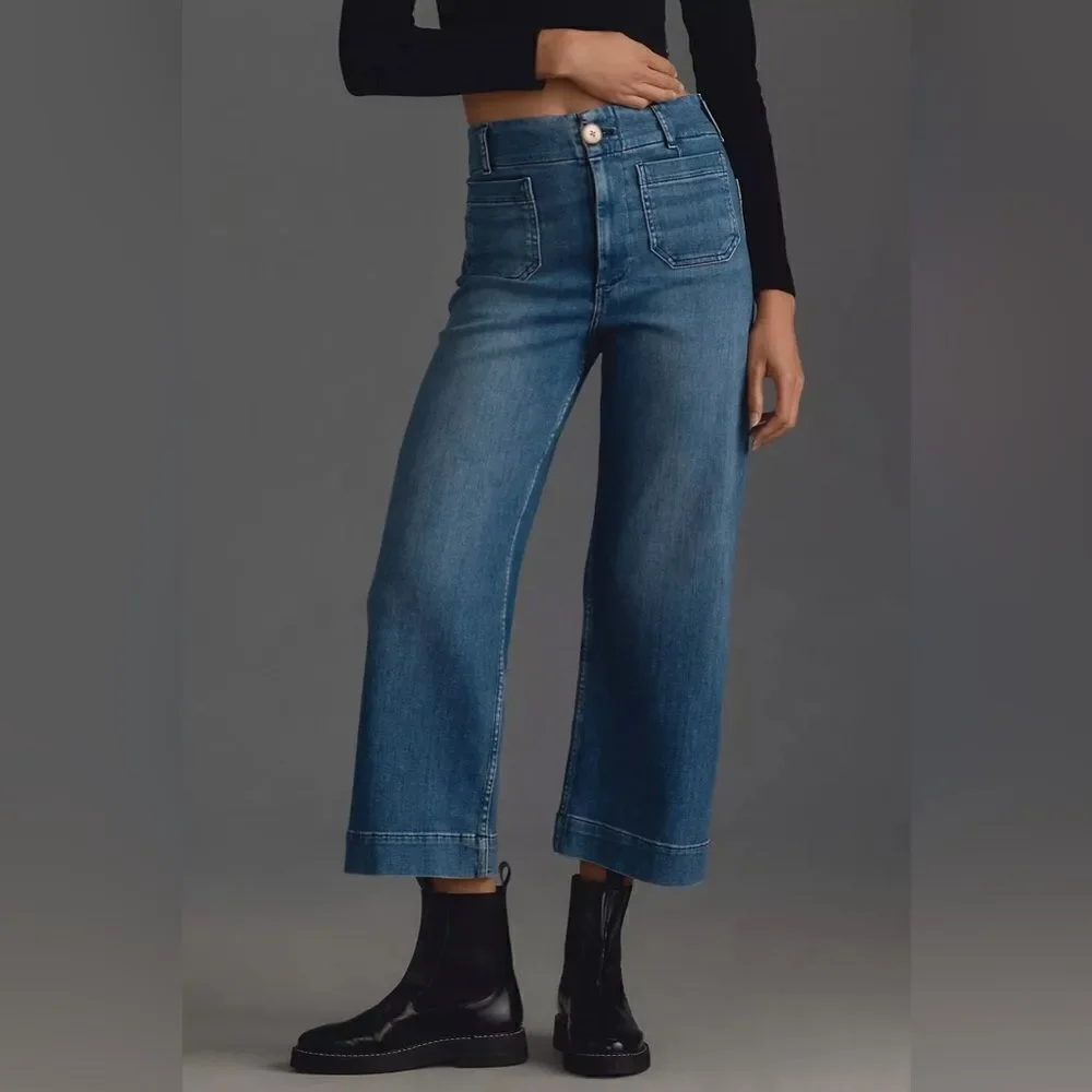 Anthropolgie Pilcro NWT The Skipper Cropped High-Rise Wide-Leg Jeans Med Blue 29